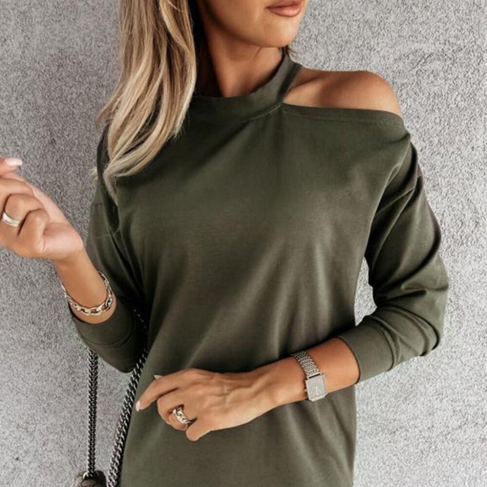 Green Single Cold Shoulder T- Shirt Dress with Slits